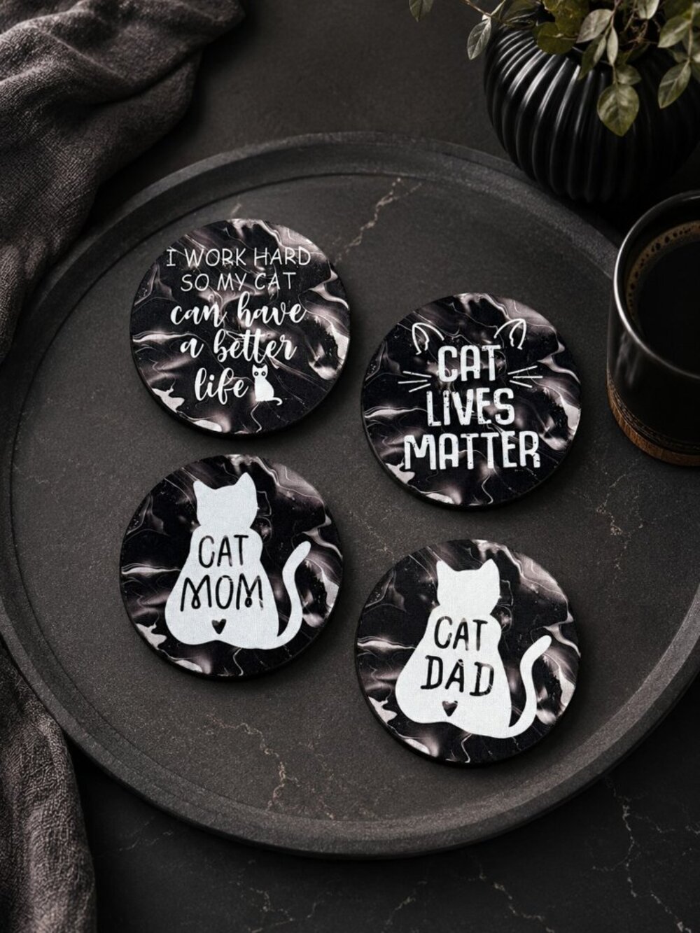 NWT Cat Lover Neoprene Coaster Set of 4 | Cat Mom Cat Dad Funny Drink Coasters